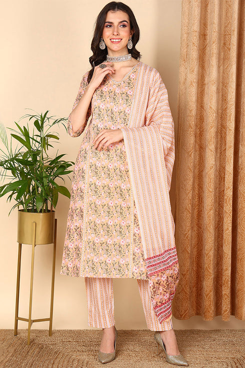 Plus Size Peach Pure Cotton Floral Printed Straight Suit Set